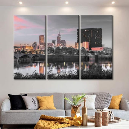 TUMOVO 3 Piece American Cityscape Black and White Wall Art Indianapolis Indiana USA Skyline on the White River at Dusk Artwork Wall Decor for Bedroom Framed Ready to Hang (42" Wx28 H)