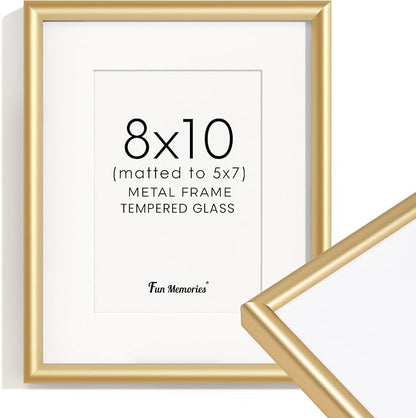 Fun Memories 8x10 Picture Frame Gold, Aluminum Picture Frame 8"x10" Tempered Real Glass, Modern 8 x 10 Metal Frame with Mat for 5 x 7, 8 by 10 Frame with Stand for Tabletop Display