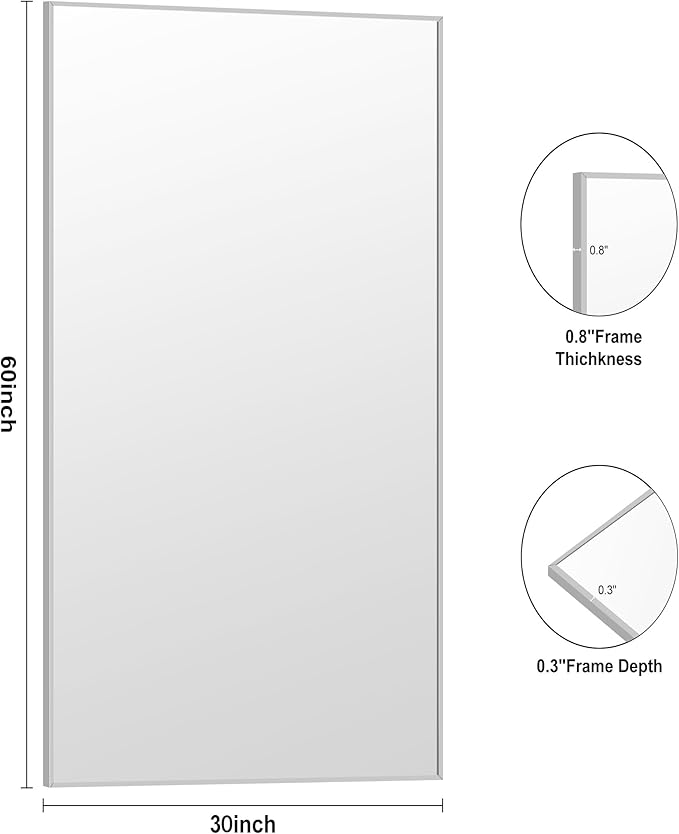 KOCUUY Silver Bathroom Mirror, 60"x30" Large Rectangle Bathroom Mirror for Wall, HD Tempered Glass, Anti-Rust Brushed Silver Frame, Modern Design for Bathroom, Bedroom, Hang Horizontal/Vertical