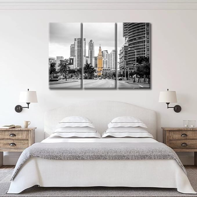 TUMOVO American Cityscape Canvas Wall Art Miami USA Downtown City Skyline Artwork Pictures Black and White Wall Art 3 Panel Posters and Prints Framed Ready to Hang (60" Wx40 H)