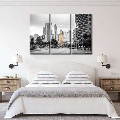 TUMOVO American Cityscape Canvas Wall Art Miami USA Downtown City Skyline Artwork Pictures Black and White Wall Art 3 Panel Posters and Prints Framed Ready to Hang (60" Wx40 H)