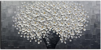 YaSheng Art - Oil Painting Wall Art hand painted White Floral Artwork 3D Thick Texture Black and White Floral Vase Canvas Wall Art Modern Abstract Art Home Bedroom, Dining Room, Living Room, Office Wall Decor 24x48inch