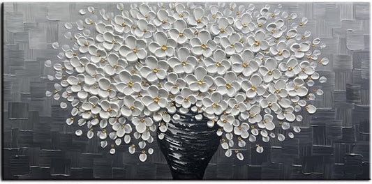 YaSheng Art - Oil Painting Wall Art hand painted White Floral Artwork 3D Thick Texture Black and White Floral Vase Canvas Wall Art Modern Abstract Art Home Bedroom, Dining Room, Living Room, Office Wall Decor 24x48inch