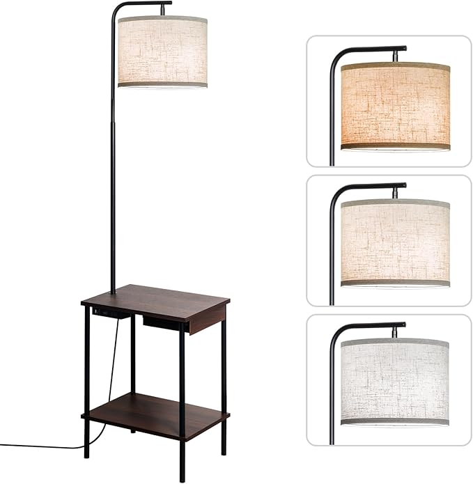 EOEYYOYB Floor Lamp with Table & Drawers, End Table Lamp with USB Charging Portt Power Outlet and Shelves, Side Table Reading Light with 3 Color Temperature Led Bulb Included for Living Room, Walnut