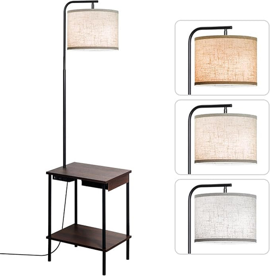 EOEYYOYB Floor Lamp with Table & Drawers, End Table Lamp with USB Charging Portt Power Outlet and Shelves, Side Table Reading Light with 3 Color Temperature Led Bulb Included for Living Room, Walnut