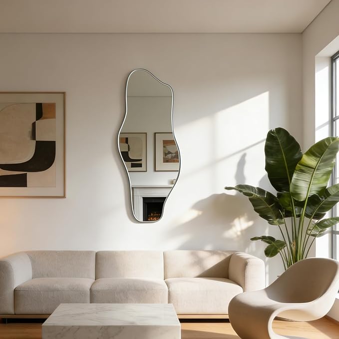 Irregular Wall Mirror, 60"x24" Large Asymmetrical Tempered Glass Mirror, Modern Silver Organic Frameless Mirrors for Living Room Bedroom Hallway Entryway, Horizontal or Vertical Hanging