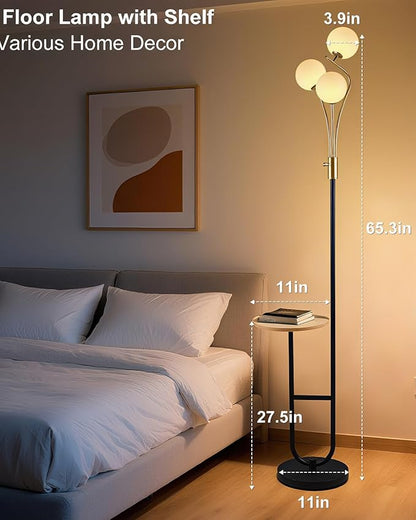 Lightdot Dimmable Gold &Black Floor Lamp with Tray 65IN Mid Century Standing Lamps with Shelf, 3000K Warm White Bulbs Included, Modern Globe Floor Lamp for Living Room/Bedroom/Sofa Beside/Corner Decor