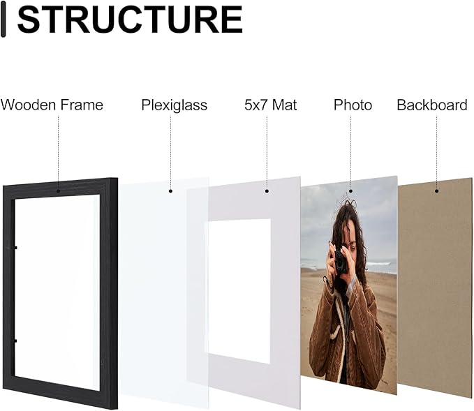 Vittanly 8x10 Picture Frames Set of 9, Shatter Resistant Plexiglass, Display 5x7 Pictures with Mat or 8x10 without Mat, Photo Frames for Wall or Tabletop, Engineered Wood, Black (Pack of 2)