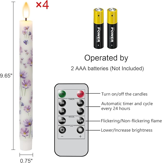 Flickering Flameless Taper Candles with Remote and Timer, 4 Pack Real Wax Battery Operated LED Taper Candles 3D Wick Purple Flower Decal Dinner Wedding Spring Home Decor(0.75" D x 9.65" H)