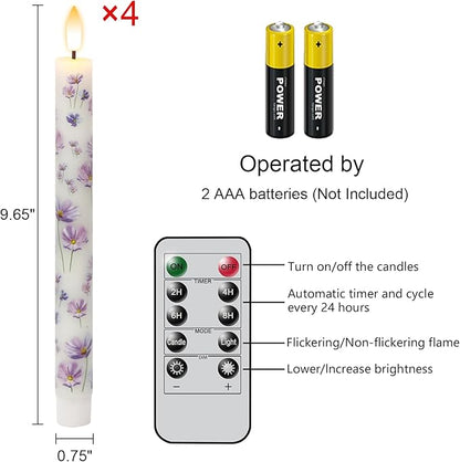 Flickering Flameless Taper Candles with Remote and Timer, 4 Pack Real Wax Battery Operated LED Taper Candles 3D Wick Purple Flower Decal Dinner Wedding Spring Home Decor(0.75" D x 9.65" H)