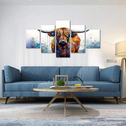 Highland Cow Abstract Canvas Wall Art 5 Panels Farmhouse Posters Graffiti Home Decor Artwork Wild Animal Prints Living Room Framed 60'' x 32''