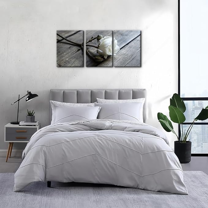 Pacimo White Rose Canvas Wall Art Prints Flowers Pictures Paintings Prints on Canvas Modern 3 Pieces Floral Giclee Artwork for Living Room Bedroom Office Home Decorations Stretched Framed - 12"x16"x3