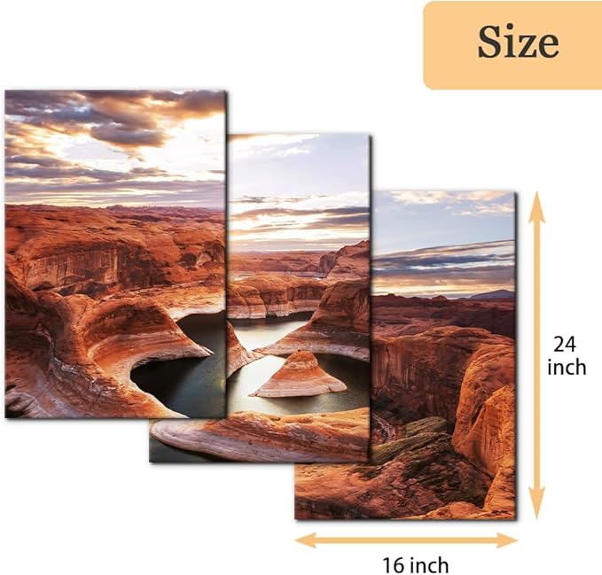 Pacimo 3 Pieces Lake Modern Wall Art Decor Arizona Landscape Pictures Prints on Canvas Wall Paintings Wall Decoration for Living Room Bedroom Office Stretch and Framed Ready to Hang - 16"x24"x3
