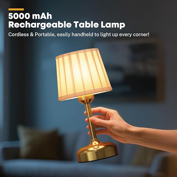 Cordless Table Lamp, Rechargeable Small Desk Lamp Faric Shade 5000mAh Beattery Powered Lamp Touch Stepless Dimmable Bedside Table Lamp for Bedroom, Living Room, Dining Room, Camping Gold