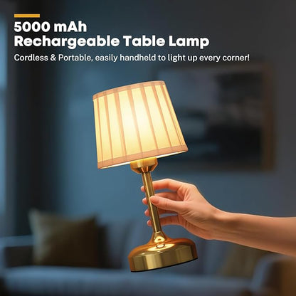 Cordless Table Lamp, Rechargeable Small Desk Lamp Faric Shade 5000mAh Beattery Powered Lamp Touch Stepless Dimmable Bedside Table Lamp for Bedroom, Living Room, Dining Room, Camping Gold