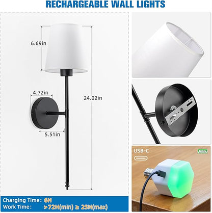 NIORSUN Battery Operated Wall Sconce Set of 2,Black Rechargeable Wall Lights with 5200mAh Dimmable Bulbs and Remote,10 Colors Wireless Wall Lamps for Bedroom Living Room Hallway Decor