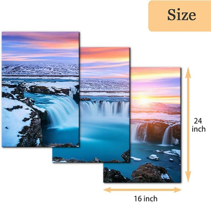 Pacimo 3 Pieces Canvas Wall Art Tropical Waterfall Pastel Sunset Horizon Pictures Prints Nature Landscape Modern Artwork for Walls Painting Home Office Wall Decor Framed Ready to Hang - 16"x24"x3