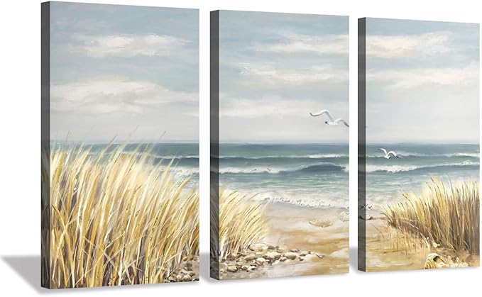 Hardy Gallery Abstract Beach Painting Wall Art: Seashore Artwork Hand Painted Coastal Picture on Canvas for Office (20'' x 34'' x 3 Panels)