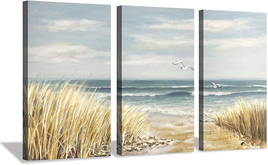Hardy Gallery Abstract Beach Painting Wall Art: Seashore Artwork Hand Painted Coastal Picture on Canvas for Office (20'' x 34'' x 3 Panels)