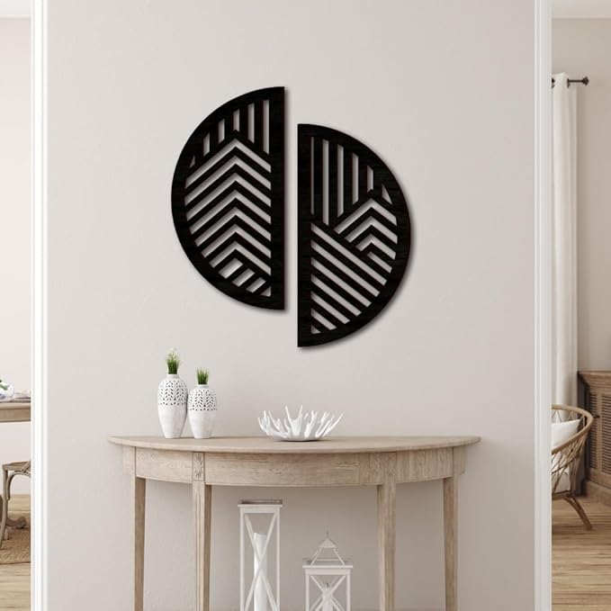 Geometric Wood Wall Art Decor, Modern Mountain Wall Sculptures Hanging Abstract Line Panels Decor, Hollow Half Round Wooden Craft Art Boho Wall Decoration, for Home Office Living Room Bedroom (Black)