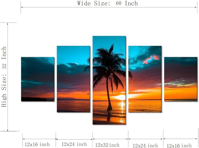 Yatsen Bridge 5 Panels Seascape Wall Art Beach Sunset Pictures Palm Trees Paintings on Canvas Artwork for Living Room Bedroom Home Decor Wooden Framed Ready to Hang - 60''W x 32''H
