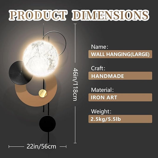 HEBOIX Large Metal Wall Decor with Light Modern Metal Wall Art 3D Wall Sculptures Handmade Wall Hanging Decoration for Living Room Dinning Room Bedroom Entryway Kitchen Office (22''Lx46''W-Light)