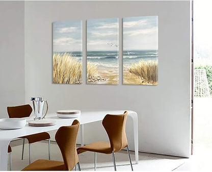Hardy Gallery Abstract Beach Painting Wall Art: Seashore Artwork Hand Painted Coastal Picture on Canvas for Office (20'' x 34'' x 3 Panels)