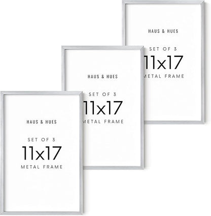 HAUS AND HUES 11x17 Silver Metal Picture Frames - Features Premium Aluminum, Vertical & Horizontal Hang, Shatterproof Plexiglass - Perfect for Home, Room, Office (11x17 in, Silver, Set of 3)