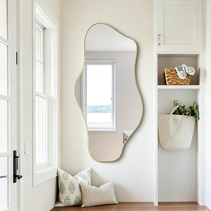 Gold Irregular Mirror, 47.2"x24" Asymmetrical Tempered Glass Mirror, Modern Abstract Frameless Wall Mirrors for Living Room Bedroom Hallway Entryway, Hangs Vertically or Horizontally
