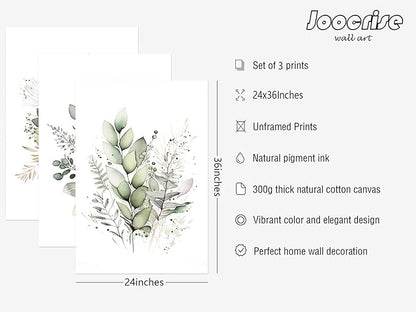 Joocrise Watercolor Botanical Wall Art Set of 3 Boho Floral Canvas Wall Decor Prints Sage Green Wildflower Wall Art Modern Flower Pictures Botanical Painting for Bedroom Bathroom 24x36 Inch Unframed
