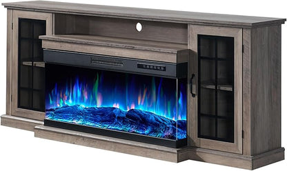 AMERLIFE 75in 3-Sided Glass Fireplace TV Stand for TVs up to 85", Rustic Fireplace Media Entertainment Center Console Cabinet Table with Glass Door Closed Storage, Wash Gray