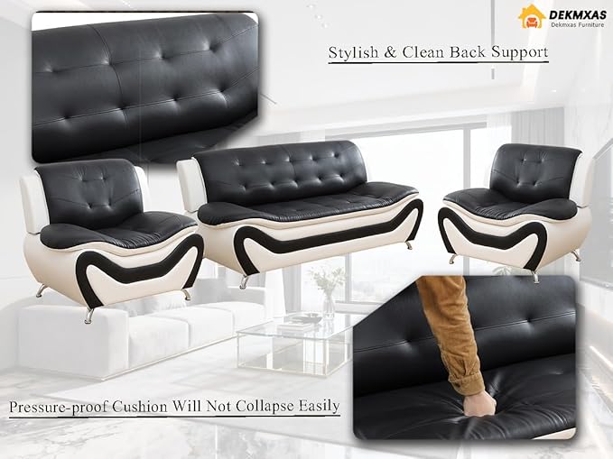 Living Room Furniture Sets, Black&White Leather Couches, Living Room Sofa Couch Set, Sofa and 2 Chairs for Bedroom, Apartment