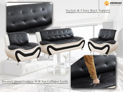 Living Room Furniture Sets, Black&White Leather Couches, Living Room Sofa Couch Set, Sofa and 2 Chairs for Bedroom, Apartment