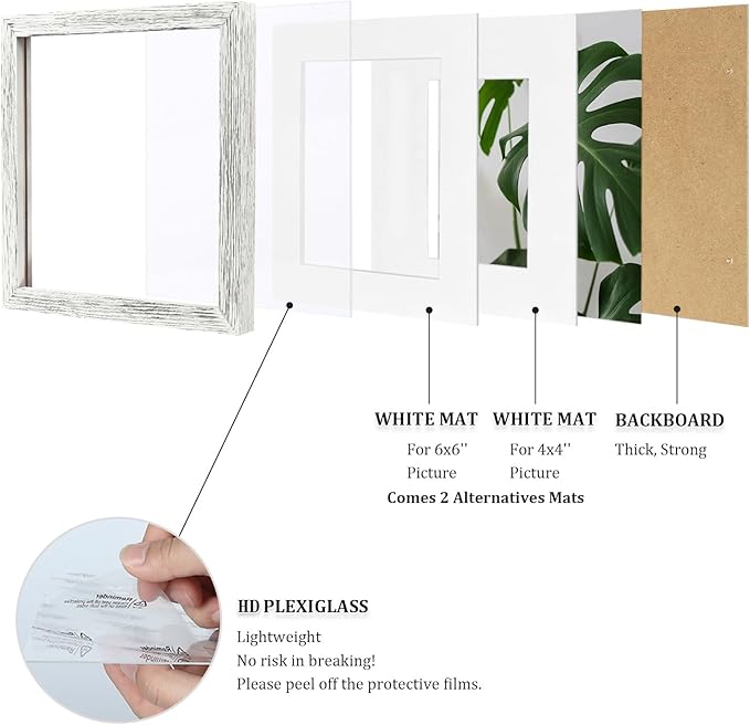 Egofine 8x8 Picture Frame Made of Solid Wood with Plexiglass, Display Pictures 4x4/6x6 with Mat or 8x8 Without Mat Set of 4 for Tabletop and Wall Mounting, Driftwood White