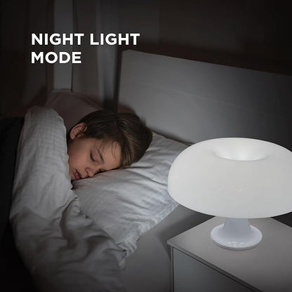 White Mushroom Lamp, Dimmable Retro Table Lamp — 3 Light Temperature, Remote-Controlled — Mid-Century Donut Shaped LED 70s Lamp — Optimize Your Space to a Cozy, Nostalgic Vibe—Perfect for Any Room
