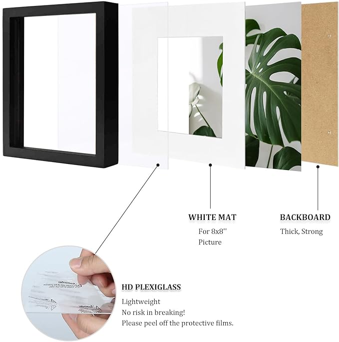 Egofine 11x11 Picture Frames 4 PCS, Made of Solid Wood Covered by Plexiglass for Pictures 4x4/8x8 with Mat for Table Top Display and Wall Mounting Square Photo Frame Black