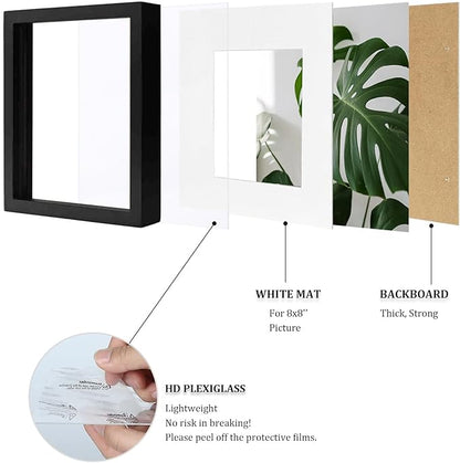 Egofine 11x11 Picture Frames 4 PCS, Made of Solid Wood Covered by Plexiglass for Pictures 4x4/8x8 with Mat for Table Top Display and Wall Mounting Square Photo Frame Black