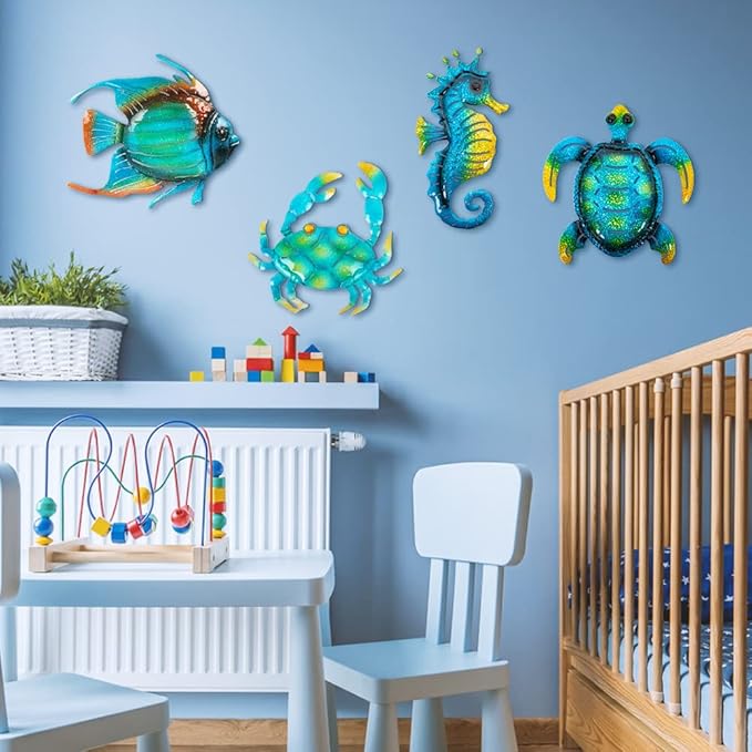 Metal Beach Wall Decor Art, Ocean Themed Sea Turtle Fish Seahorse Crab Coastal Wall Sculpture, Nautical Outdoor Decor For Garden, Fence, Patio, Pool, Bathroom (4 Pcs)