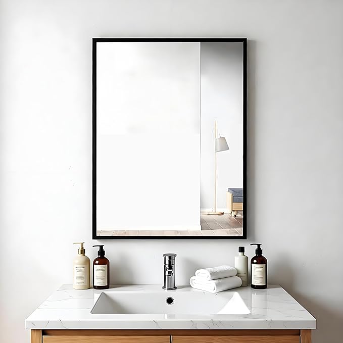 Rectangular Wall Mirror, Black Aluminum Frame, 24x32 Inches, Modern Style, Tempered Glass, Wall Mount for Bathroom Bedroom Living Room