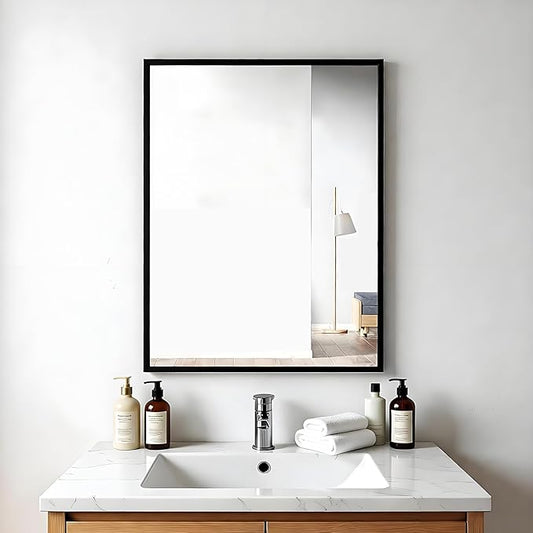 Rectangular Wall Mirror, Black Aluminum Frame, 18x24 Inches, Modern Style, Tempered Glass, Wall Mount for Bathroom Bedroom Living Room