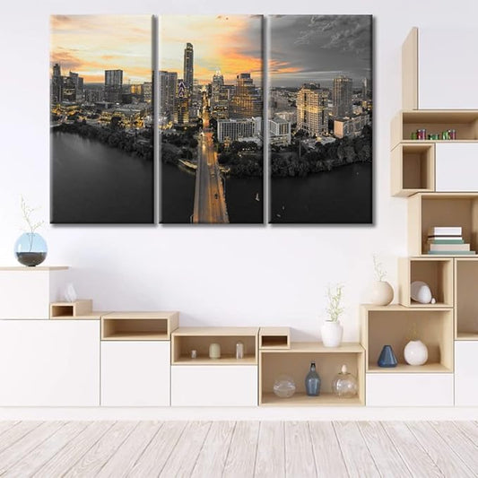 American Cityscape Modern Home Decor 3 Panels Austin Sunset Skyscrapers Natural Landscape Pictures Wall Art for Bedroom, Living Room, Office. Framed Ready to Hang (42" Wx28 H)
