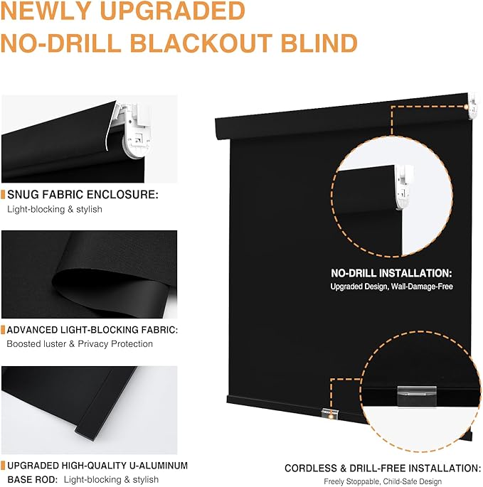 AOSKY No Drill Customize Blackout Roller Shades with Valance,Cordless Blinds for Indoor Windows,Room Darkening Window Shades Pull Down with Free-Stop Spring System,UV Protection for Home