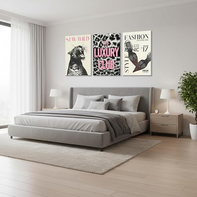 YXJYZZKX Fashion Leopard Wall Art Set of 3, Black and White Cheetah Wrapped Canvas Prints with Pink Quotes, Eclectic Glam Animal Wall Decor, Modern Trendy Artwork for Bedroom Living Room, 16x24 Inch Ready to Hang
