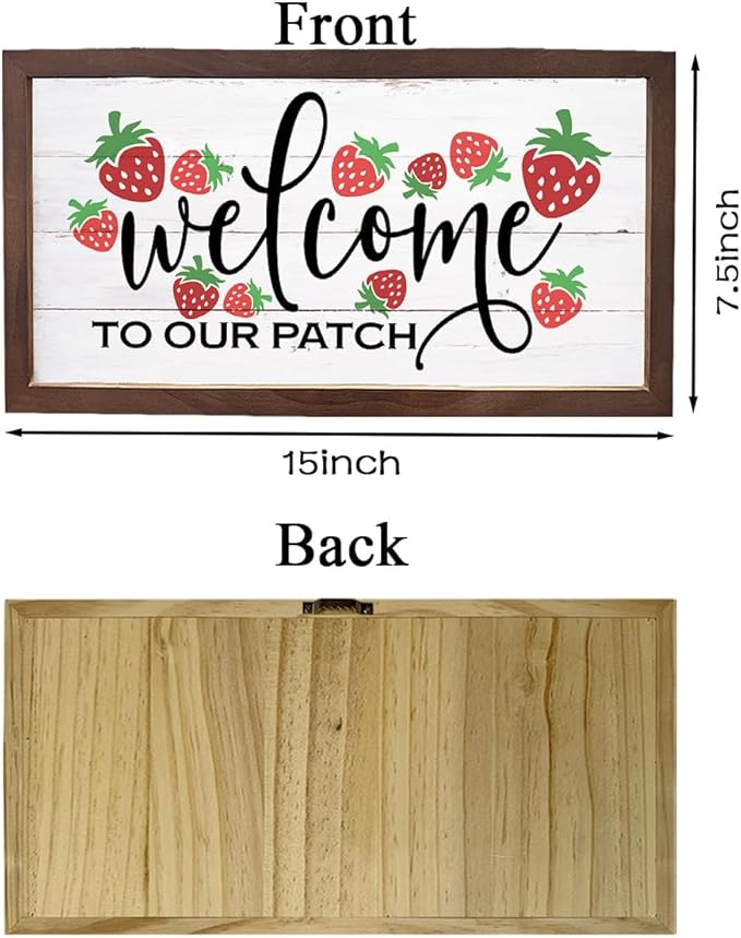 Strawberry Welcome Sign, Rustic Hanging Wood Signs, Wall Decor Art, Farmhouse Home Garden Yard Decors, Wooden Framed Wall Decor, Welcome to Our Patch Sign 15×7.5×0.3 inches