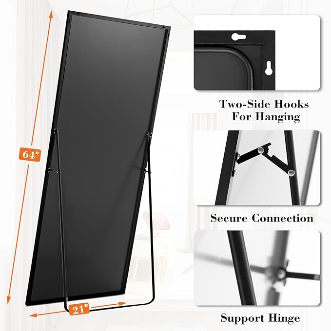 Mirror Full Length, Upgraded 21"x64" Body Wall Mirrors with Shatter-Proof Glass, Floor Standing, Hanging or Leaning, Tall Mirror with Stand Aluminum Alloy Frame for Bedroom, Black