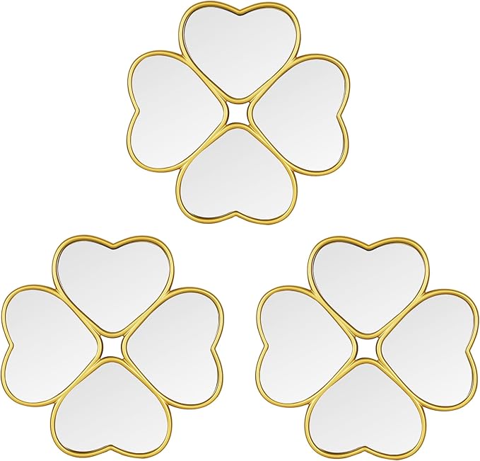 Small Decoritive Heart Wall Mirrors Set of 3, Decorative Four-Leaf Clover Mirror (Gold)