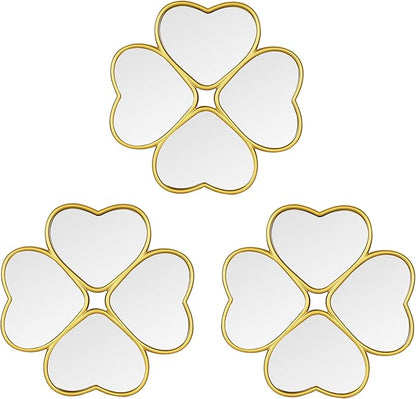 Small Decoritive Heart Wall Mirrors Set of 3, Decorative Four-Leaf Clover Mirror (Gold)