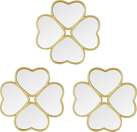 Small Decoritive Heart Wall Mirrors Set of 3, Decorative Four-Leaf Clover Mirror (Gold)