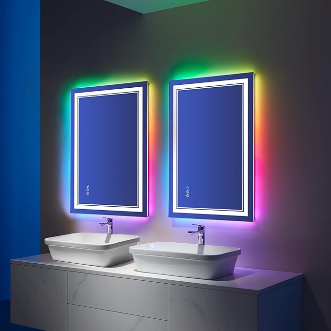 24x32 inch LED Bathroom Mirror RGB Color Changing Backlit Mirror Shatterproof Dimmable Anti-Fog Vanity Mirror with Double Lights (RGB Multicolor Backlit + Adjustable Front-Lighted)