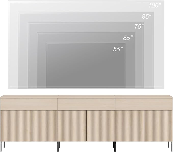 WAMPAT Fluted TV Stand TVs up to 100 inch, 94.5" W Modern TV Entertainment Center with Storage Cabinets and 3 Drawers & 6 Doors, Wood Media TV Console Table with Storage for Living Room, Beige